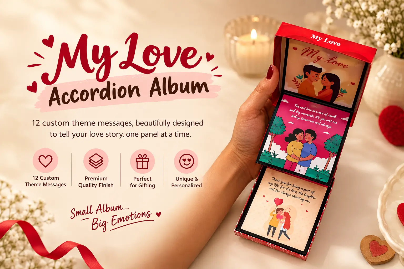 My Love Accordion Album with 12 custom theme messages for personalized romantic gifting