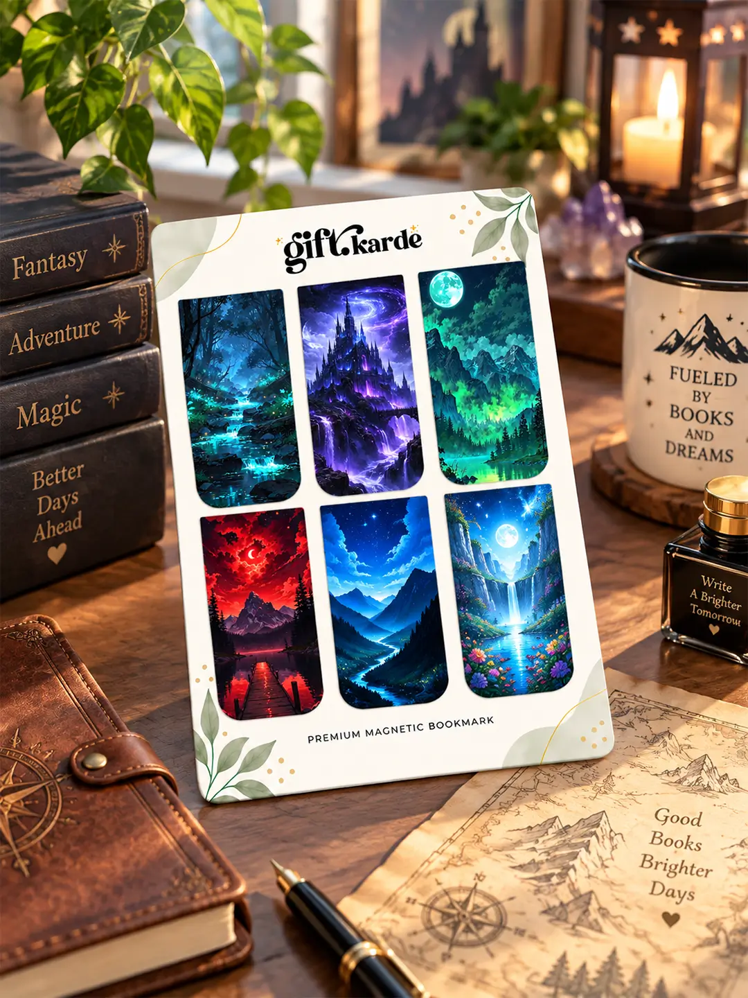 Mystical Fantasy Magnetic Bookmark set of 6 with magical castles, forests and fantasy landscape designs