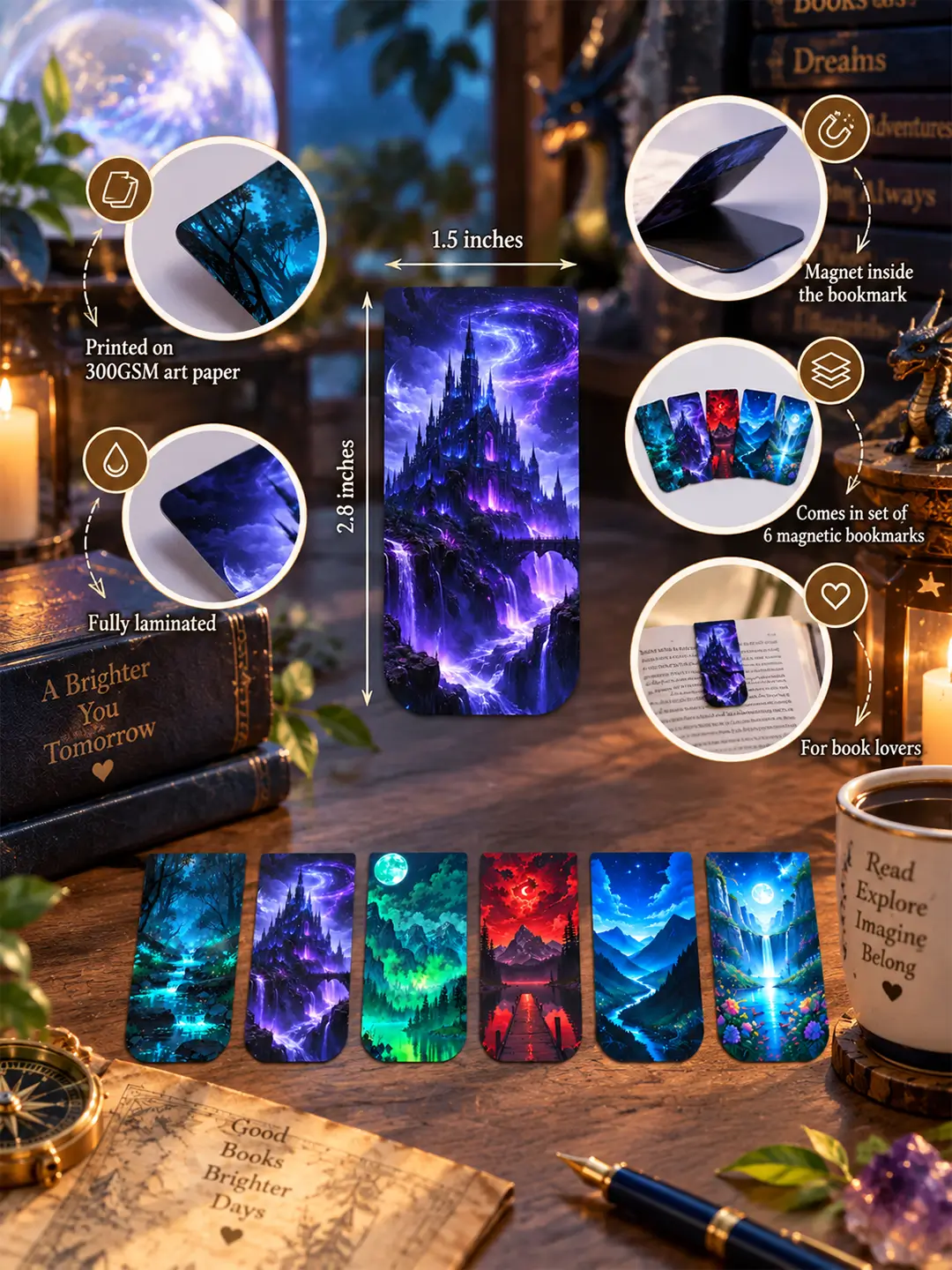 Mystical Fantasy Magnetic Bookmark – Set of 6 Magical Bookmarks for Fantasy Lovers