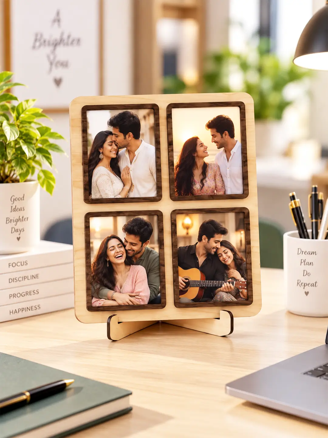 Nightangle wooden desk photo frame holding 4 photos with stand