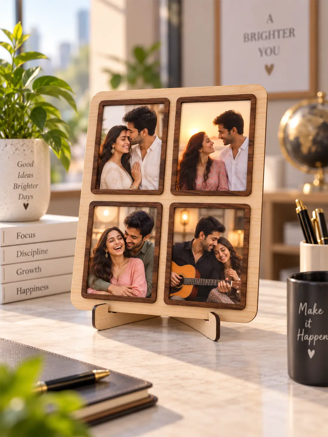 Nightangle Desk Photo Frame – Wooden 4 Photo Display Stand for Home & Office