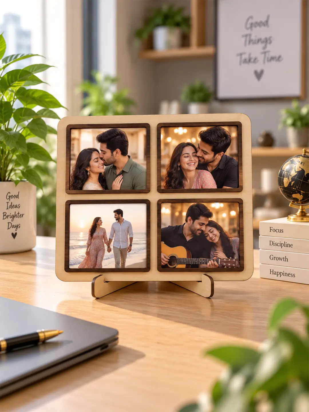 Nightangle Desk Photo Frame – Wooden 4 Photo Display Stand for Home & Office