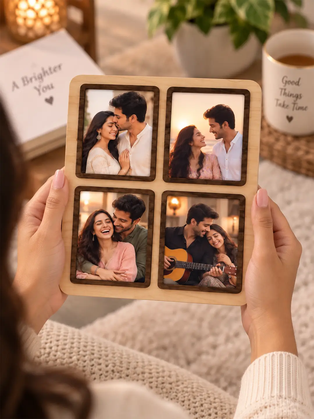 Nightangle Desk Photo Frame – Wooden 4 Photo Display Stand for Home & Office