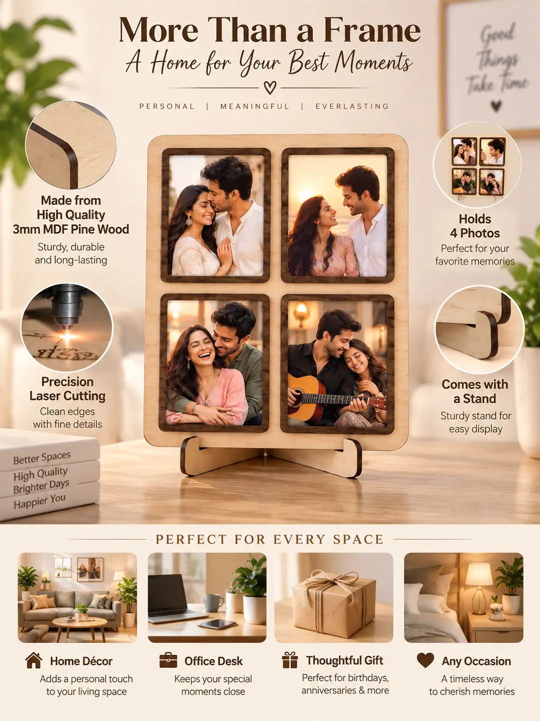 Nightangle Desk Photo Frame – Wooden 4 Photo Display Stand for Home & Office