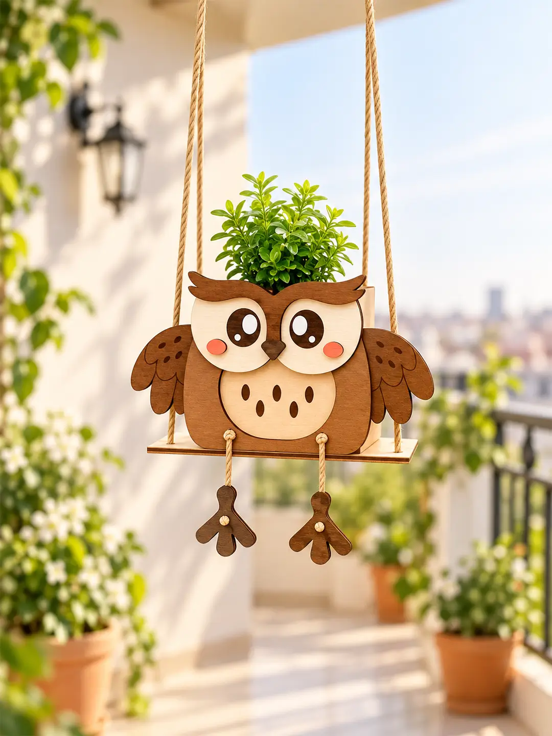 DIY Owl Swinger Planter for Kids 4MM MDF wooden craft kit with laser-cut owl pieces, swing, paints, brush and rope