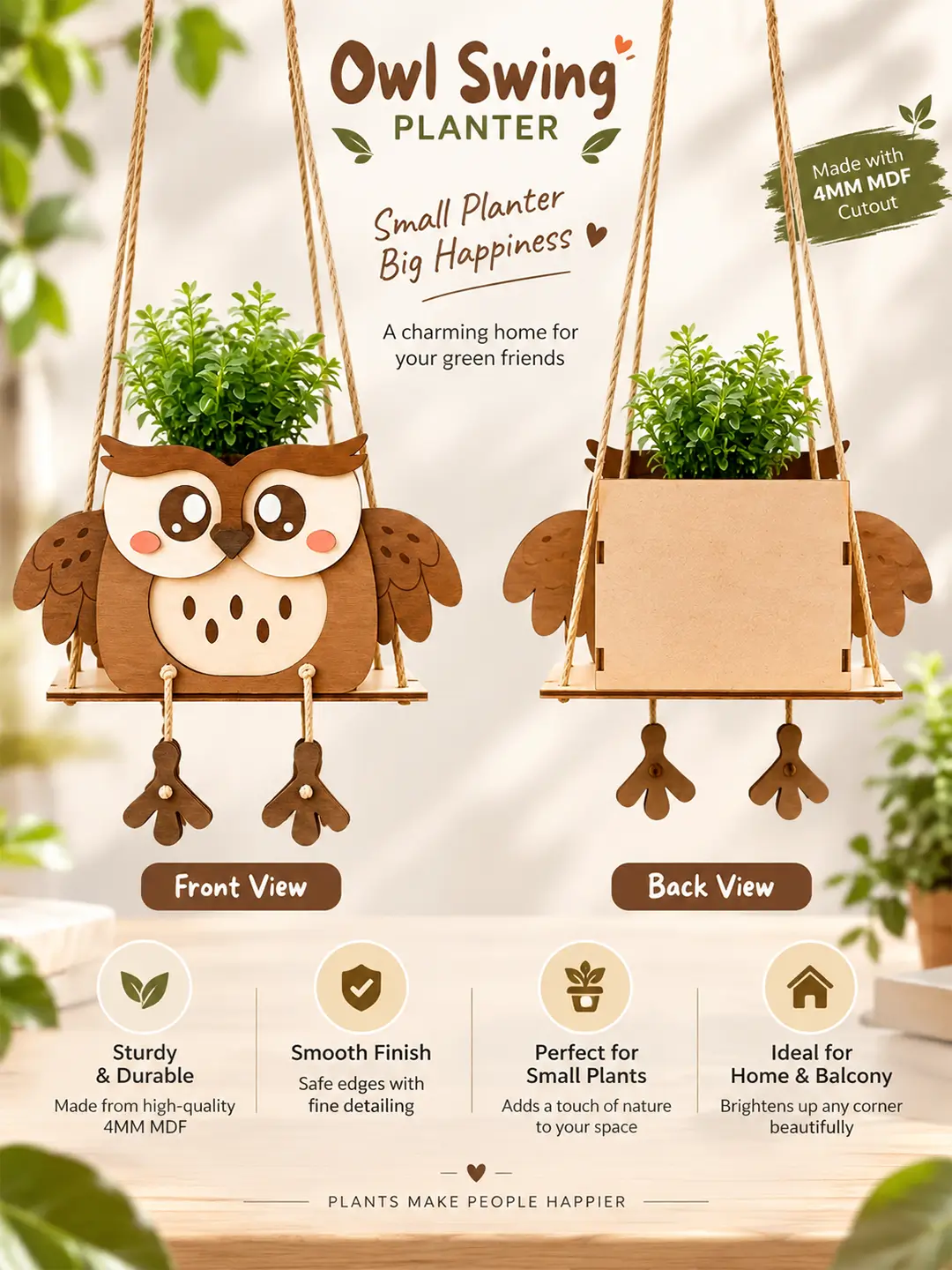 DIY Owl Swinger Planter for Kids – 4MM MDF Wooden Painting & Craft Kit | Ages 6–10 | Birthday Return Gift