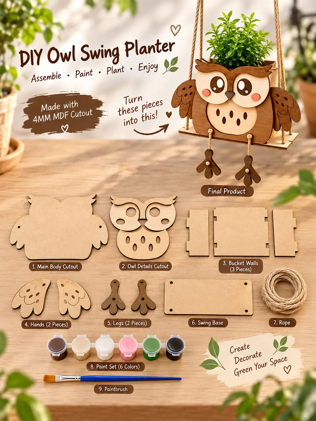 DIY Owl Swinger Planter for Kids – 4MM MDF Wooden Painting & Craft Kit | Ages 6–10 | Birthday Return Gift