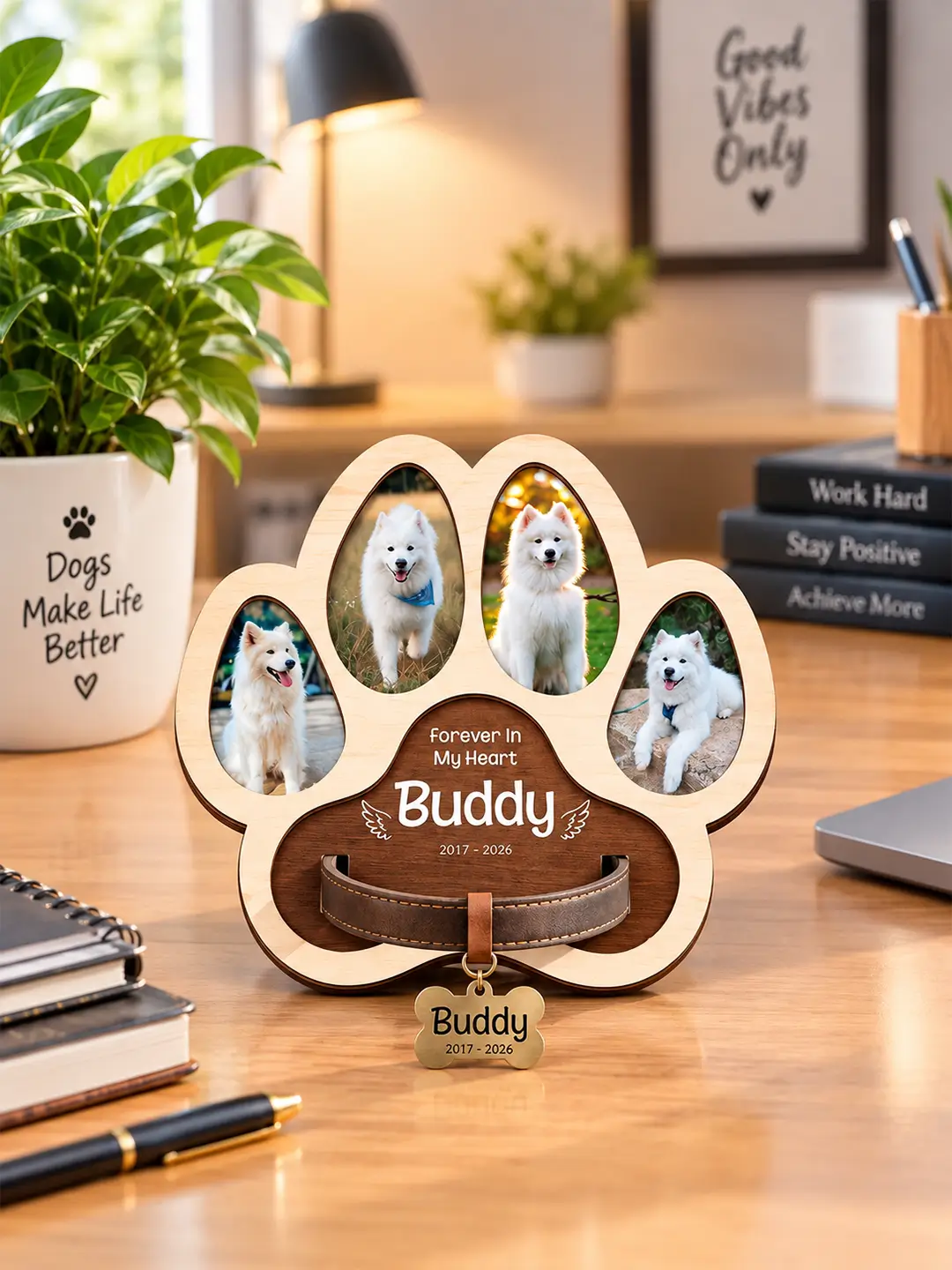 Paw Memories wooden desk photo frame displaying 4 dog photos with stand