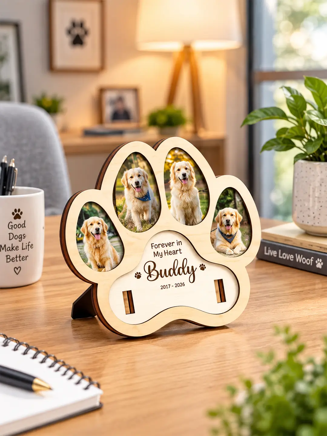 Paw Memories Desk Photo Frame – Wooden 4 Photo Pet Memorial Frame with Stand