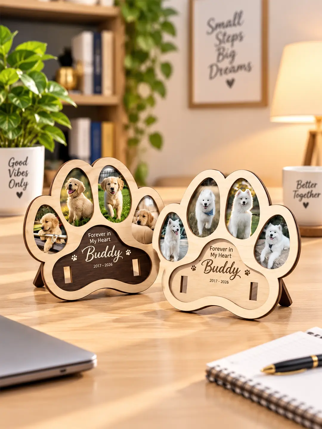 Paw Memories Desk Photo Frame – Wooden 4 Photo Pet Memorial Frame with Stand