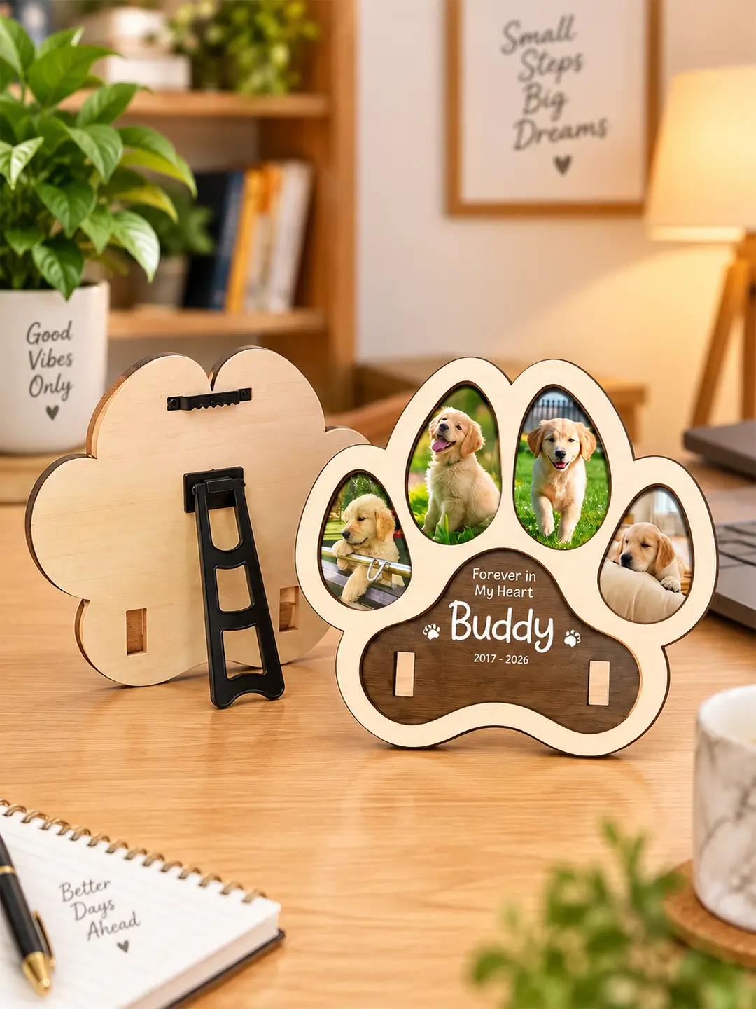 Paw Memories Desk Photo Frame – Wooden 4 Photo Pet Memorial Frame with Stand
