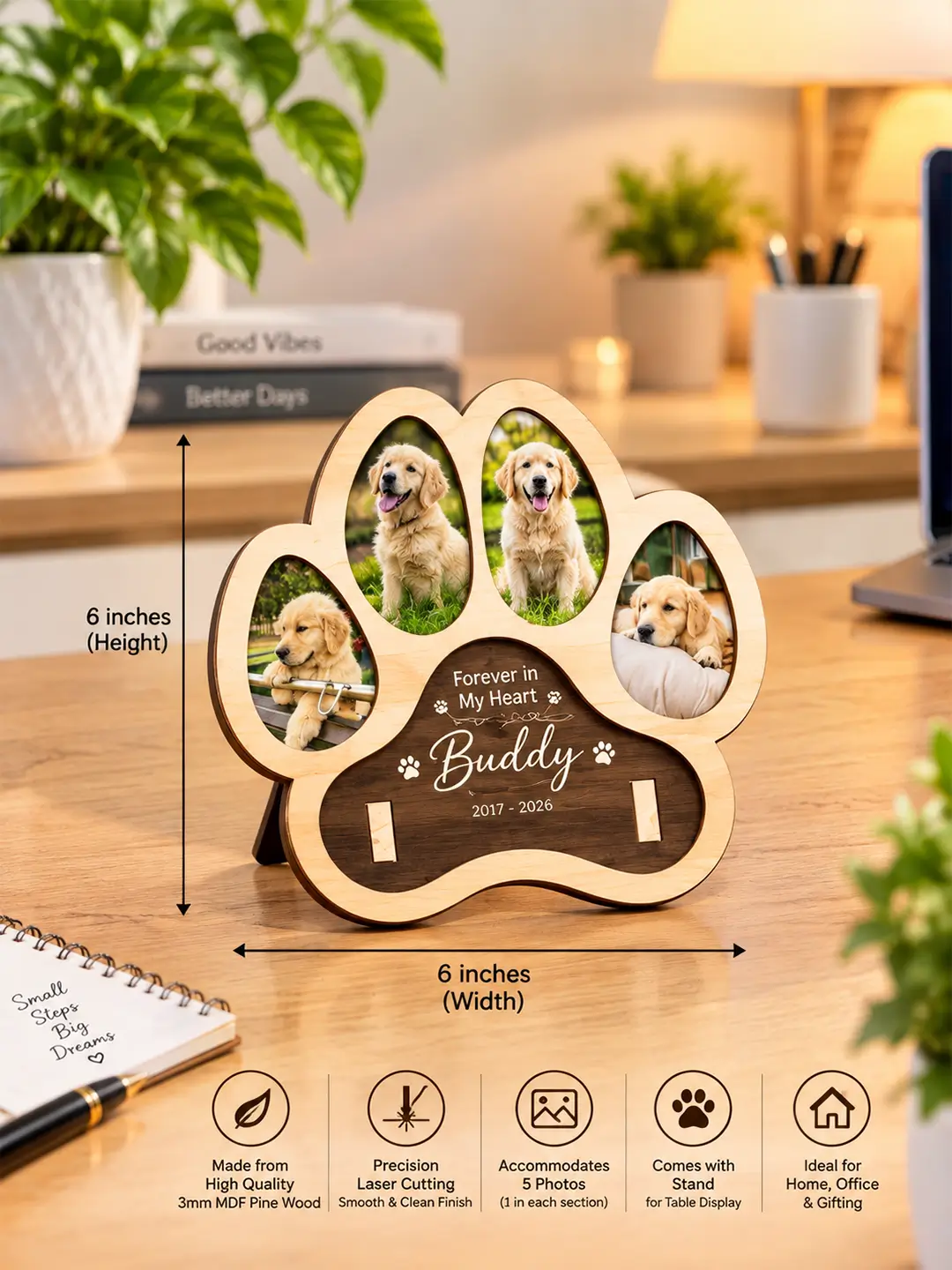 Paw Memories Desk Photo Frame – Wooden 4 Photo Pet Memorial Frame with Stand