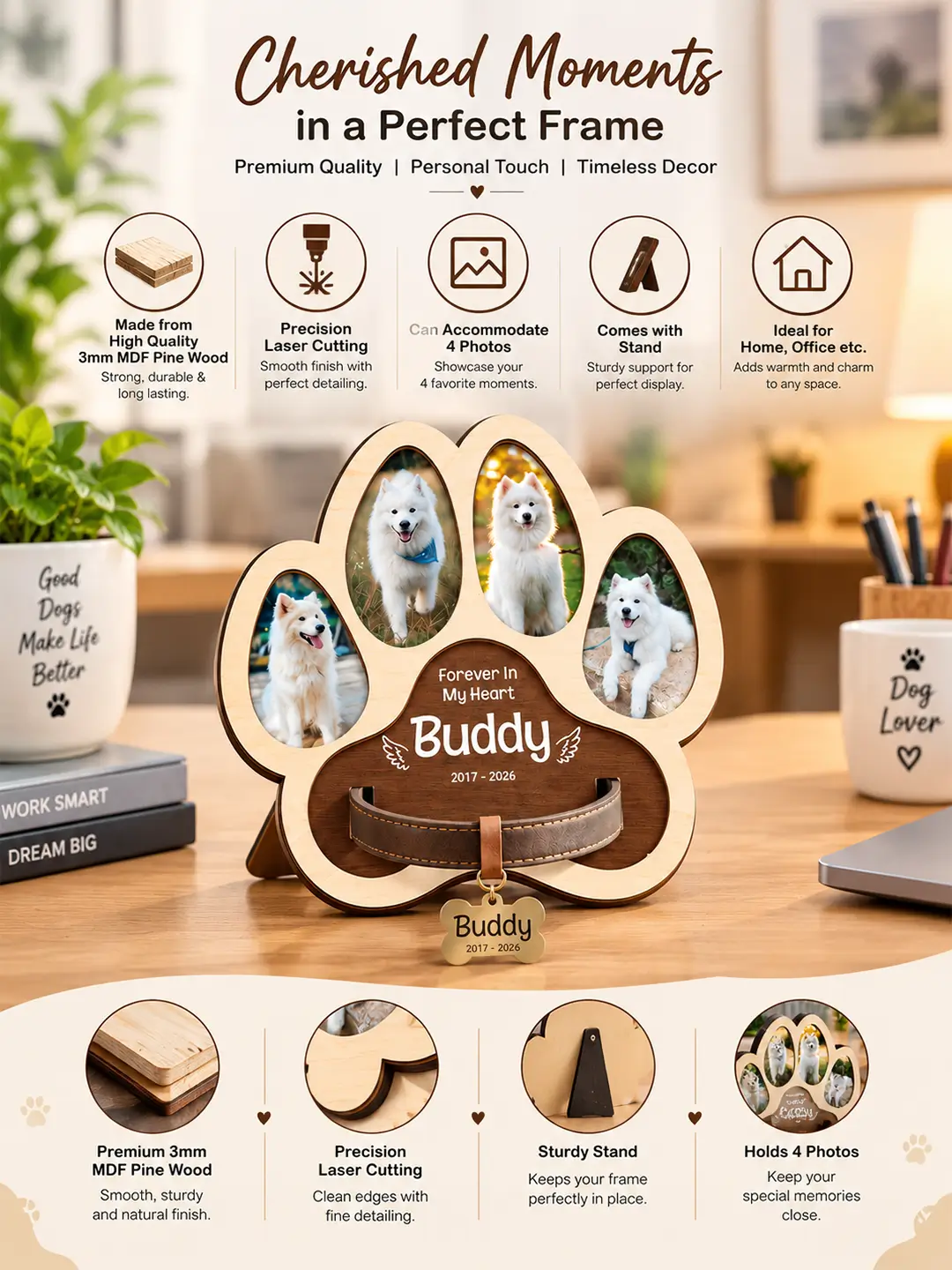 Paw Memories Desk Photo Frame – Wooden 4 Photo Pet Memorial Frame with Stand