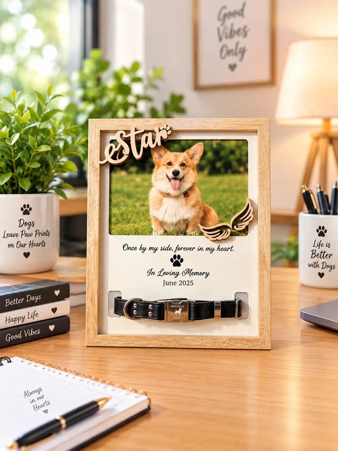 Pet Memory wooden desk photo frame displaying one dog photo with stand