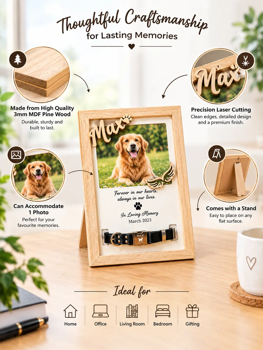 Pet Memory Desk Photo Frame – Wooden 1 Photo Dog Memorial Frame with Stand