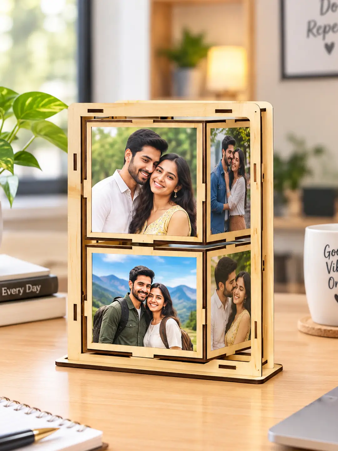 Wooden rotating Photo Cube Desk Photo Frame displaying 8 photos with stand