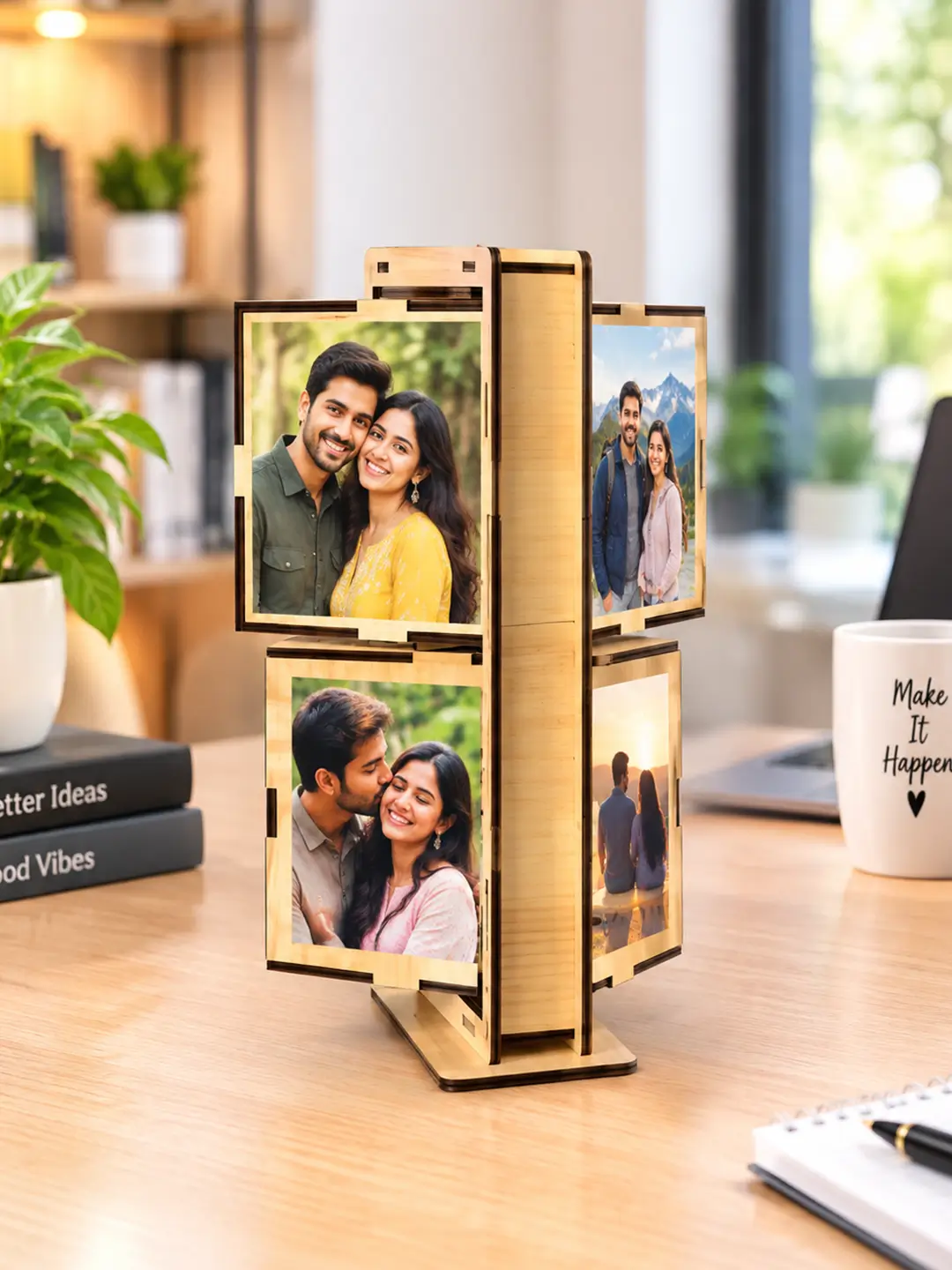 Photo Cube Desk Photo Frame – Wooden Rotating 8 Photo Cube Frame with Stand