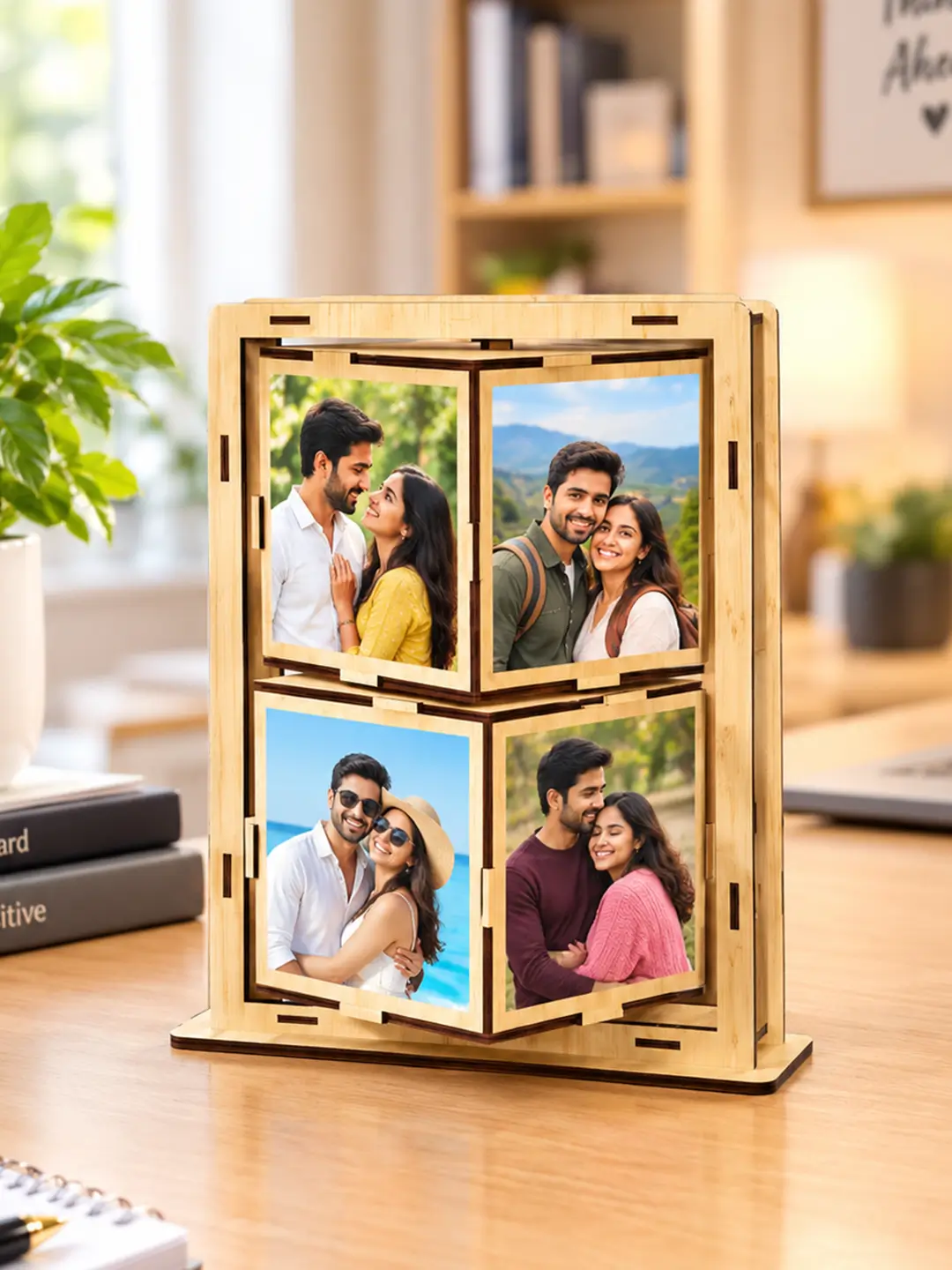 Photo Cube Desk Photo Frame – Wooden Rotating 8 Photo Cube Frame with Stand