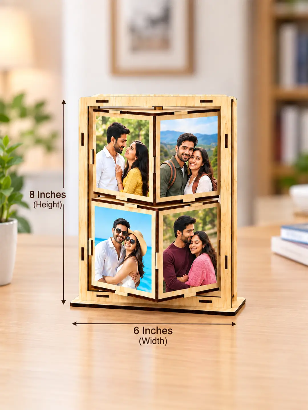 Photo Cube Desk Photo Frame – Wooden Rotating 8 Photo Cube Frame with Stand