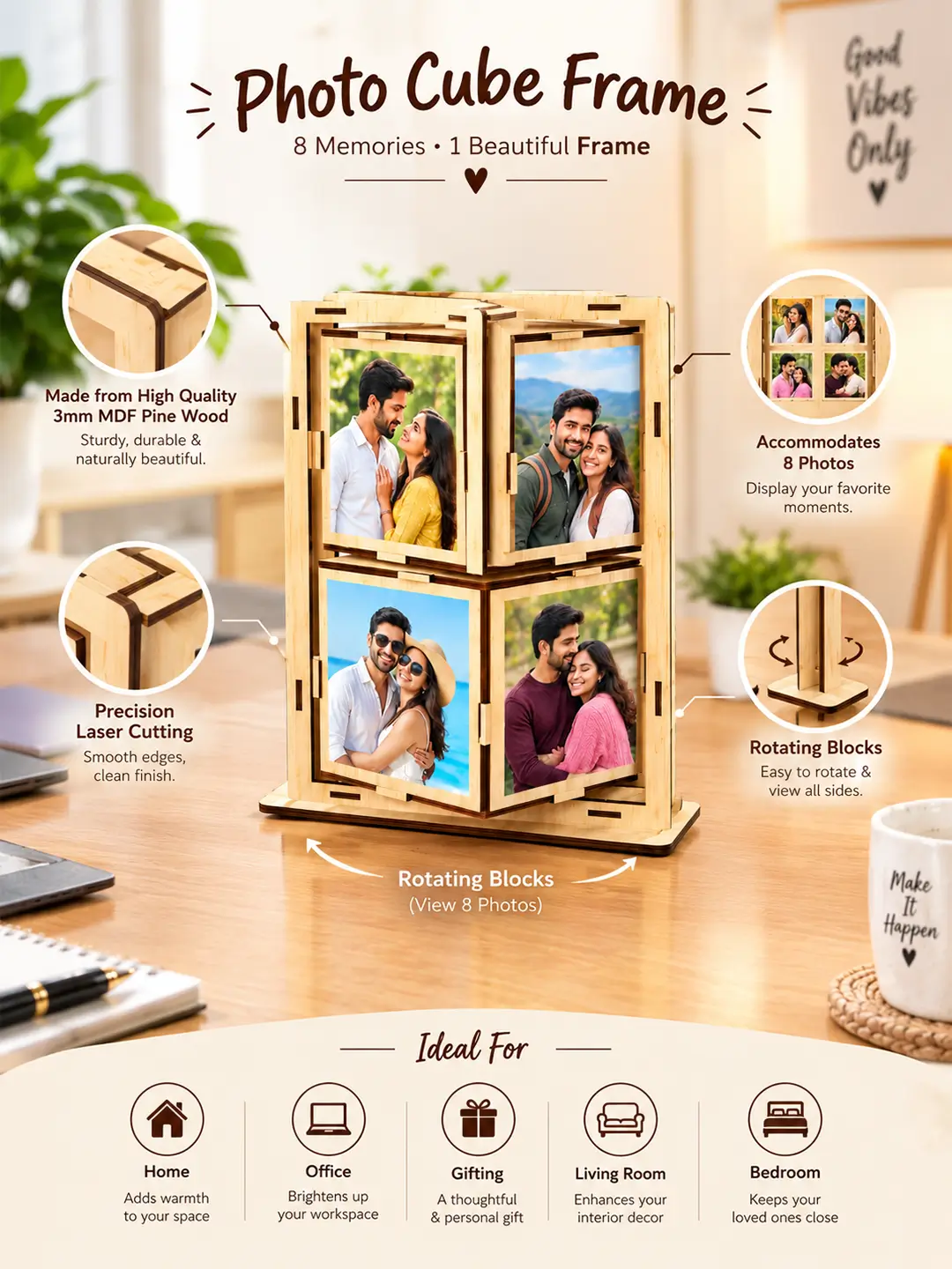 Photo Cube Desk Photo Frame – Wooden Rotating 8 Photo Cube Frame with Stand