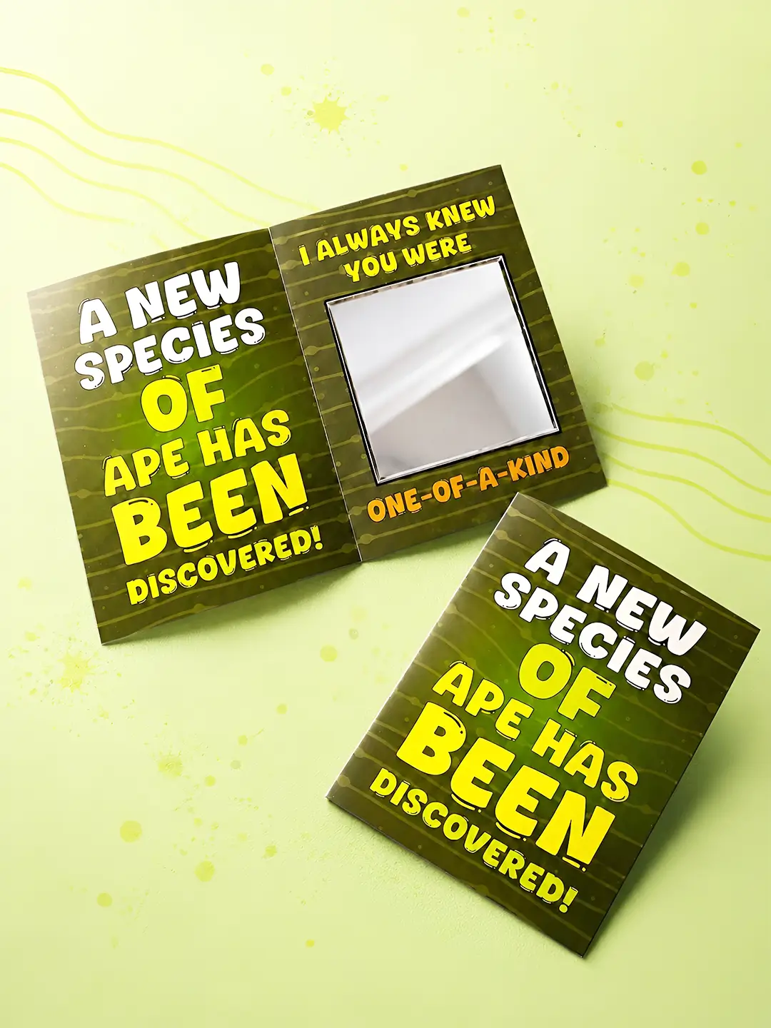 Prank Mirror Card – Funny “A New Species of Ape Has Been Discovered” Mirror Greeting Card