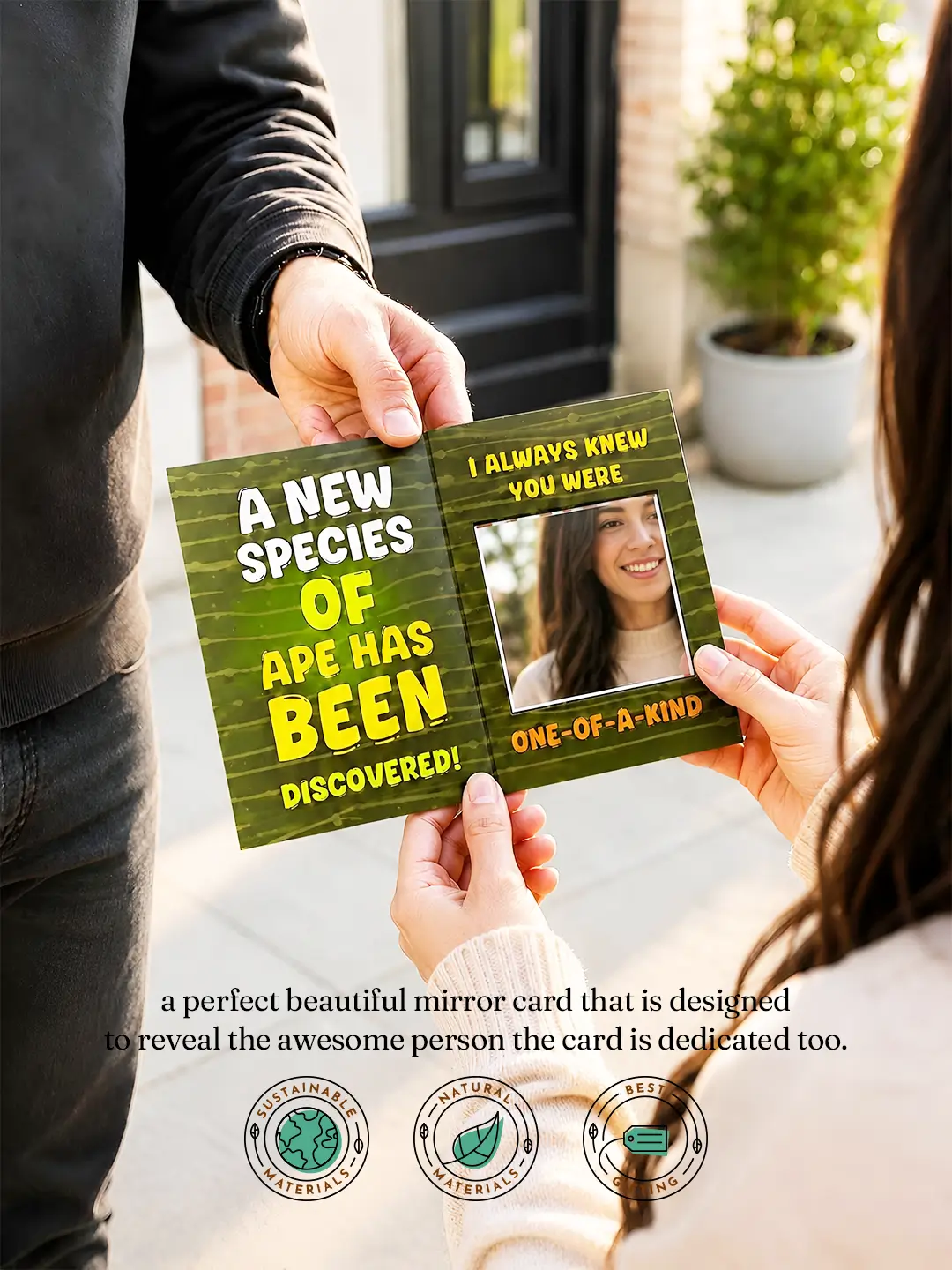 Prank Mirror Card – Funny “A New Species of Ape Has Been Discovered” Mirror Greeting Card