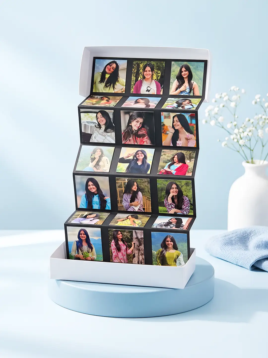 Personalized Pullout Photo Box Card with 15 custom photos unfolding from a white memory gift box