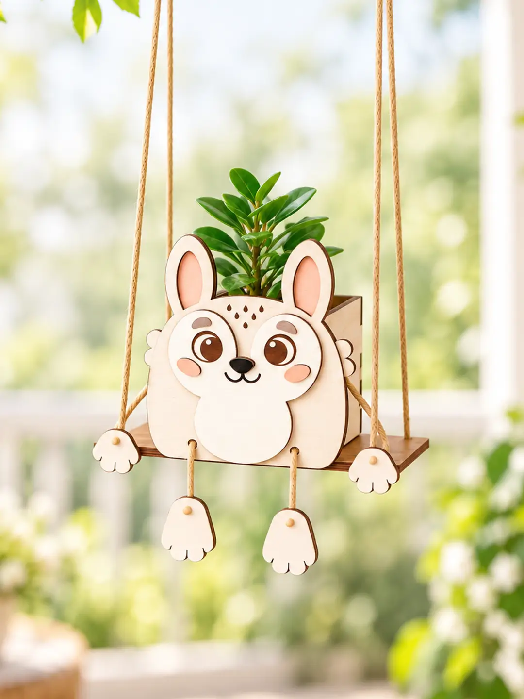 DIY Rabbit Swinger Planter for Kids 4MM MDF wooden painting craft kit with laser-cut rabbit pieces, paints, brush and rope