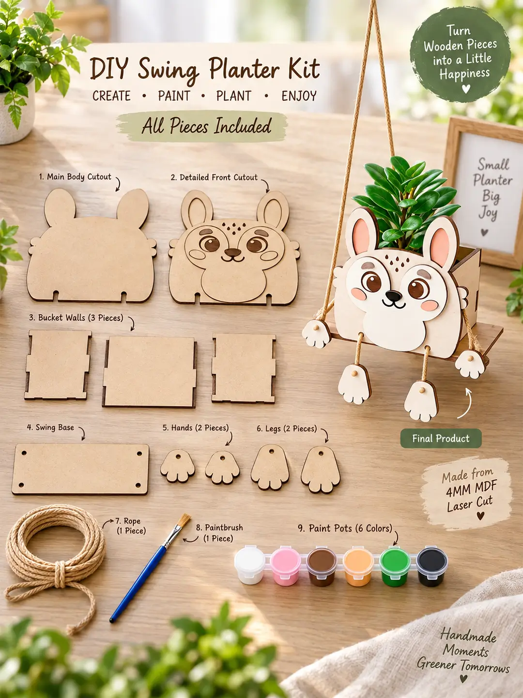 DIY Rabbit Swinger Planter for Kids – 4MM MDF Wooden Painting & Craft Kit | Ages 6–10 | Birthday Return Gift
