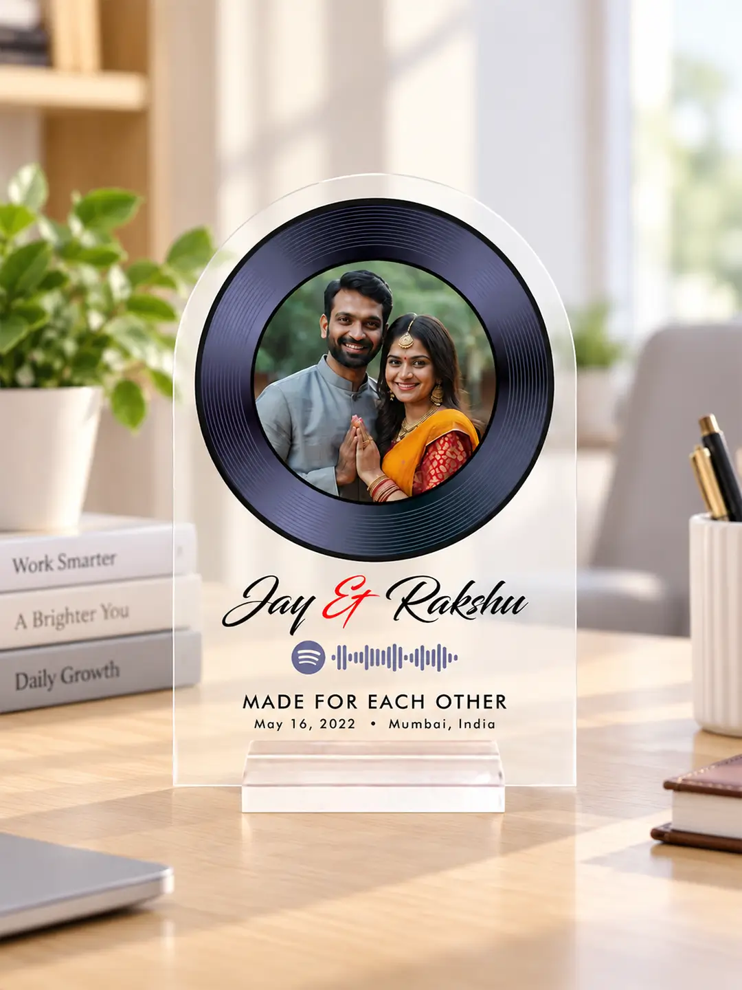 Personalized Record Player acrylic desk stand with couple photo, names, Spotify song and memorable date