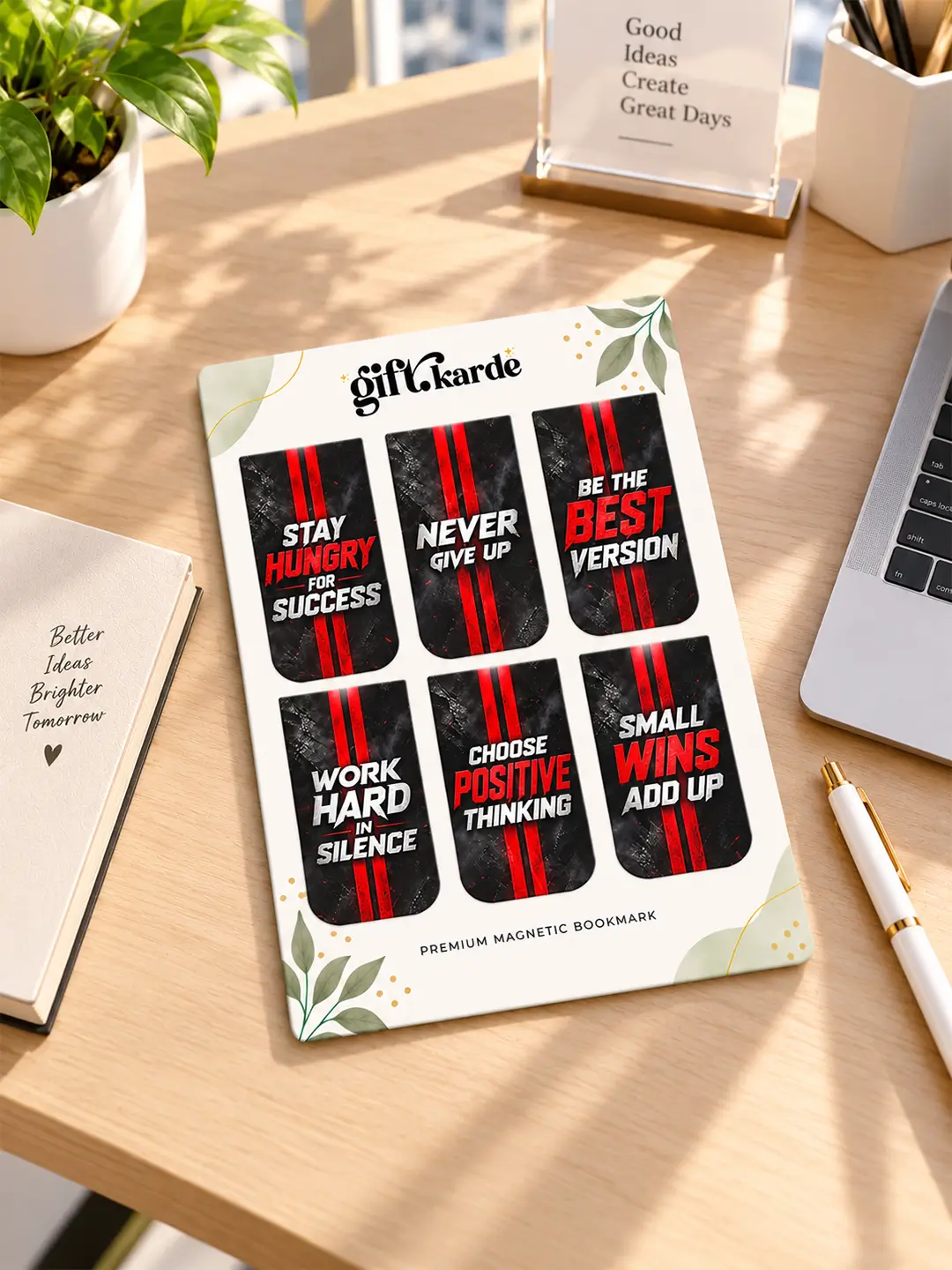 Self Motivation Magnetic Bookmark set of 6 with inspirational quotes and black red designs