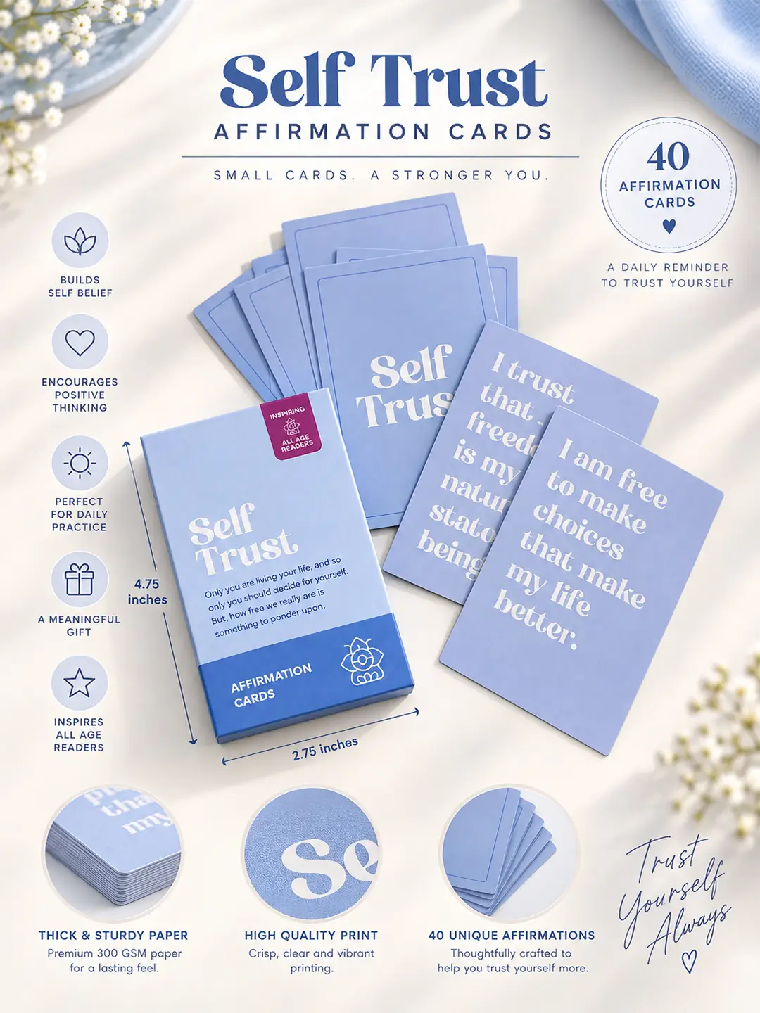 Self Trust Affirmation Cards – 40 Inspirational Cards for Confidence & Positive Thinking