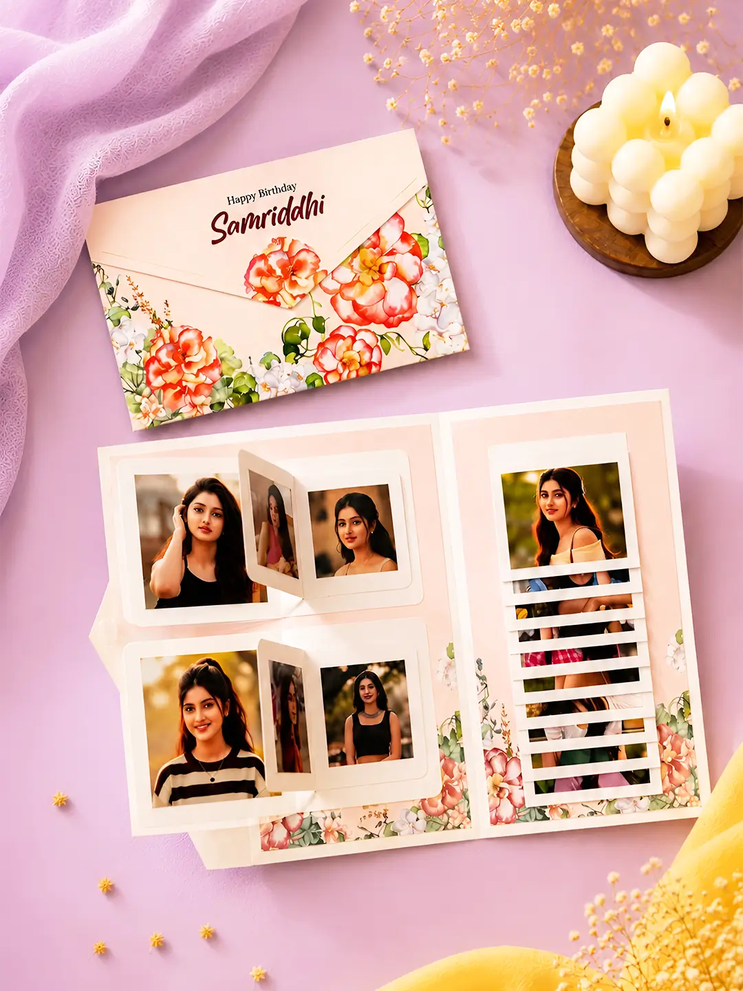 Personalized Simple Lapbook Card with 20 customizable photos and floral birthday theme