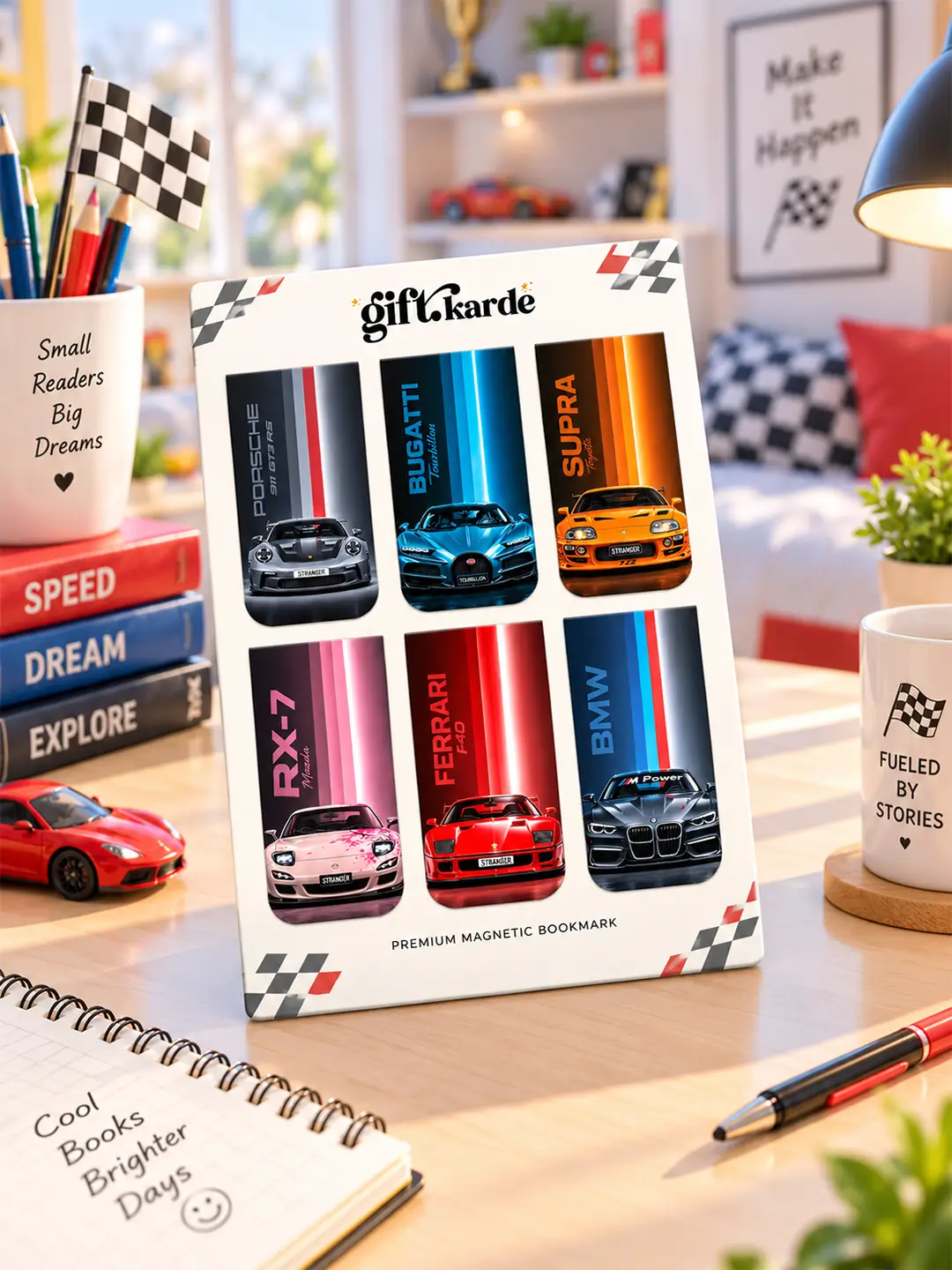 Sports Car Magnetic Bookmark set of 6 featuring colorful sports car and racing-inspired designs