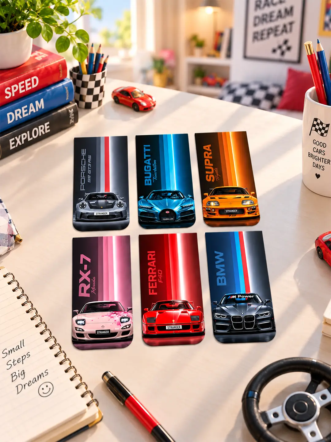 Sports Car Magnetic Bookmark – Set of 6 Racing Car Bookmarks for Car & Auto Enthusiasts