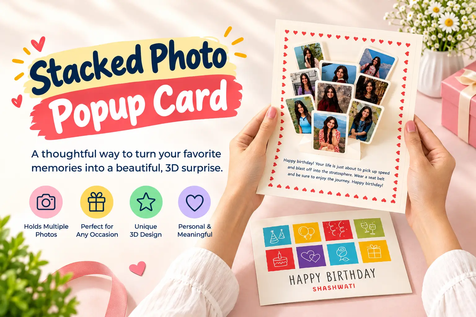 Stacked Photo Popup Card featuring multiple personalized photos in a beautiful 3D popup design