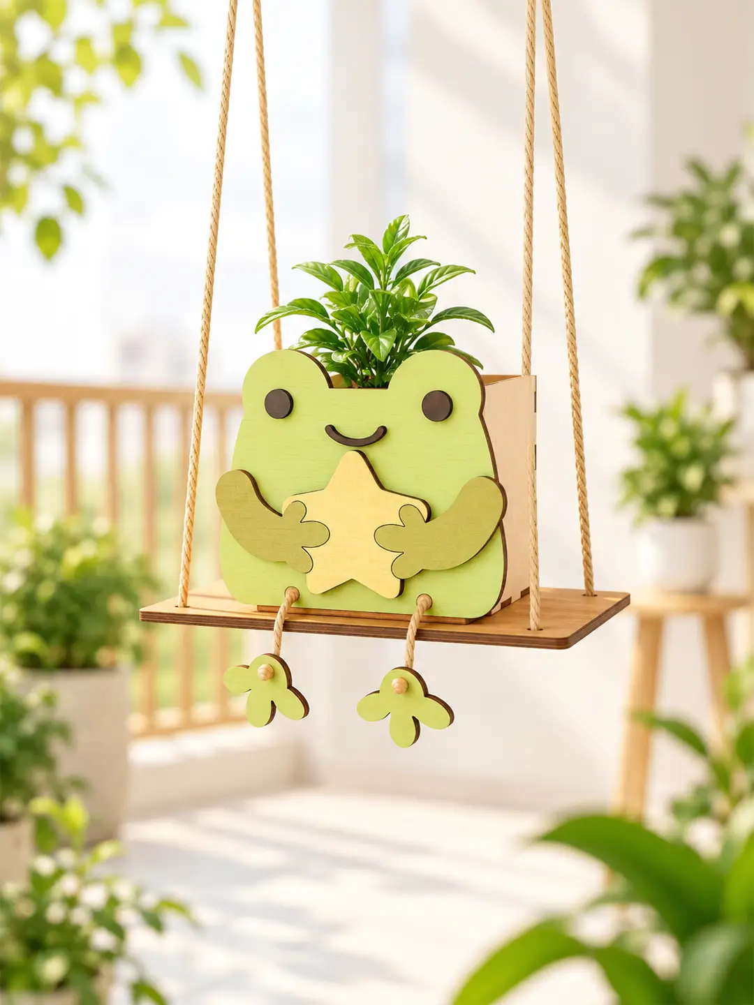 DIY Star Frog Swinger Planter for Kids 4MM MDF wooden craft kit with laser-cut frog pieces, paints, brush, swing and rope