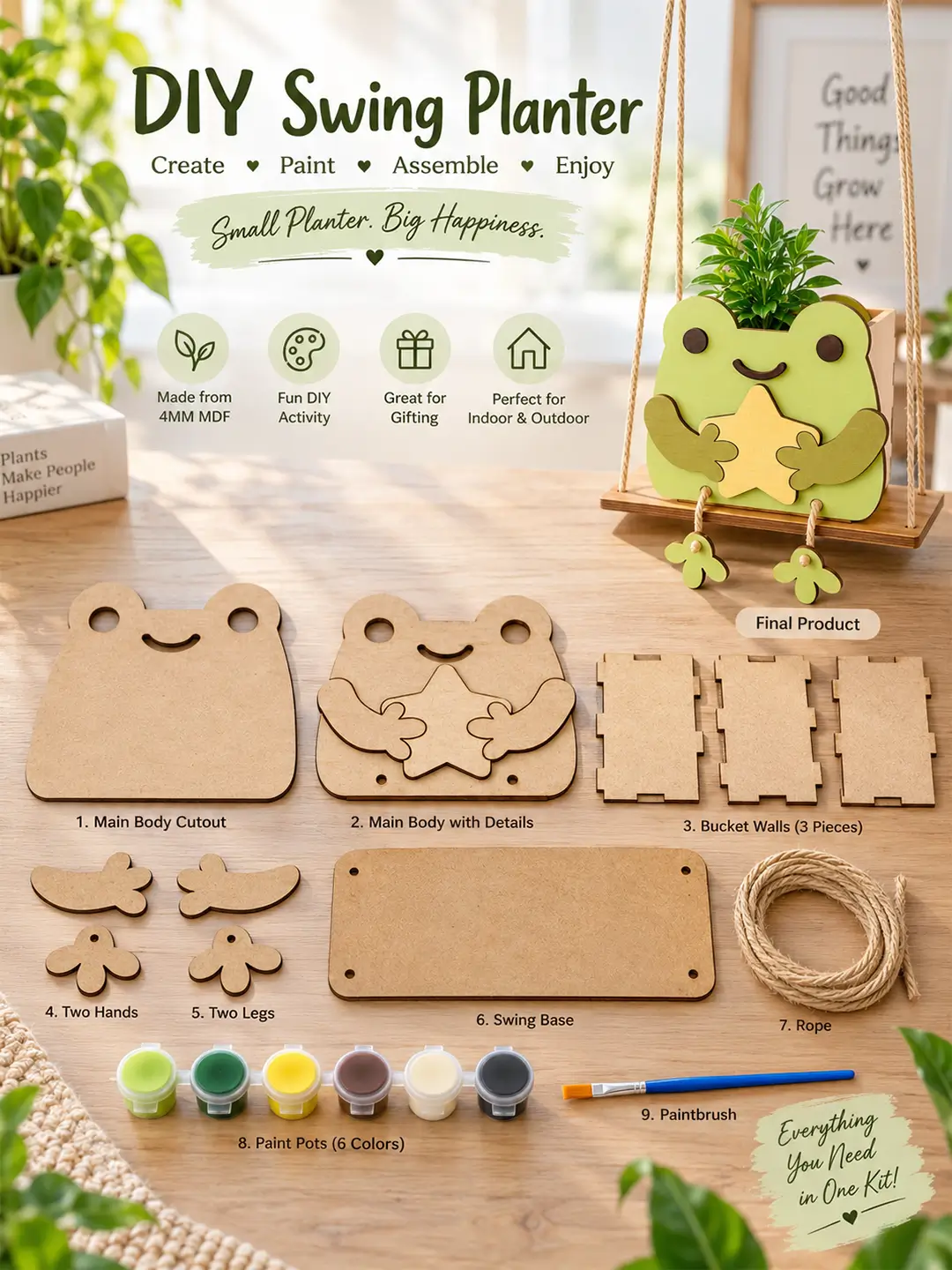 DIY Star Frog Swinger Planter for Kids – 4MM MDF Wooden Painting & Craft Kit | Ages 6–10 | Birthday Return Gift