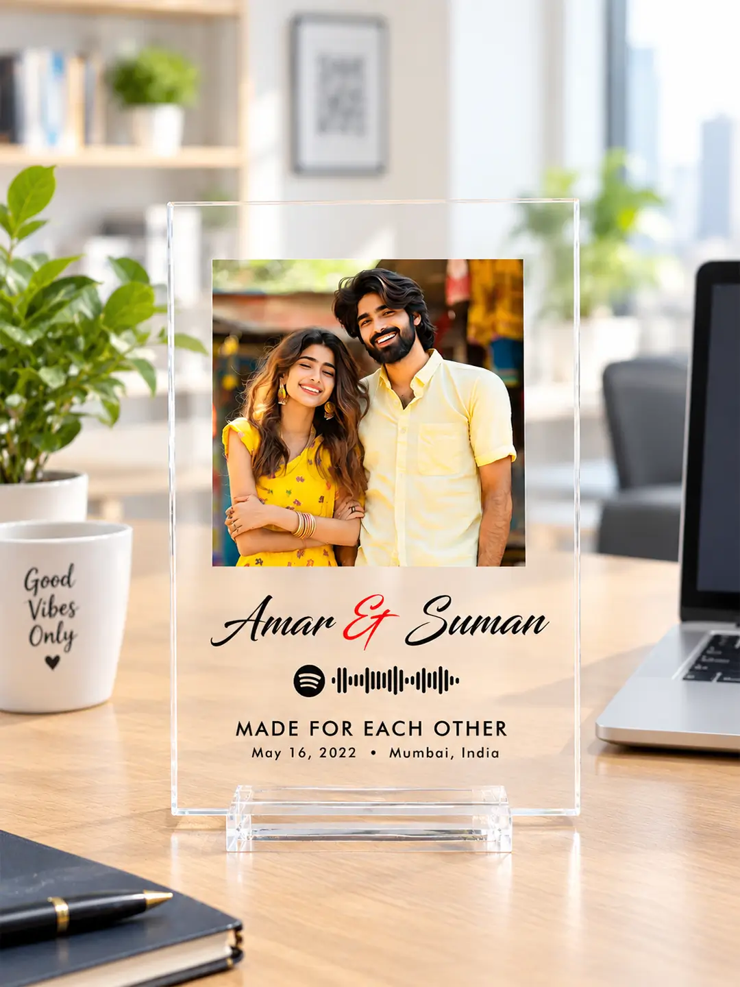 Personalized Straight Edge acrylic photo desk stand with couple photo, names, Spotify song and memorable date