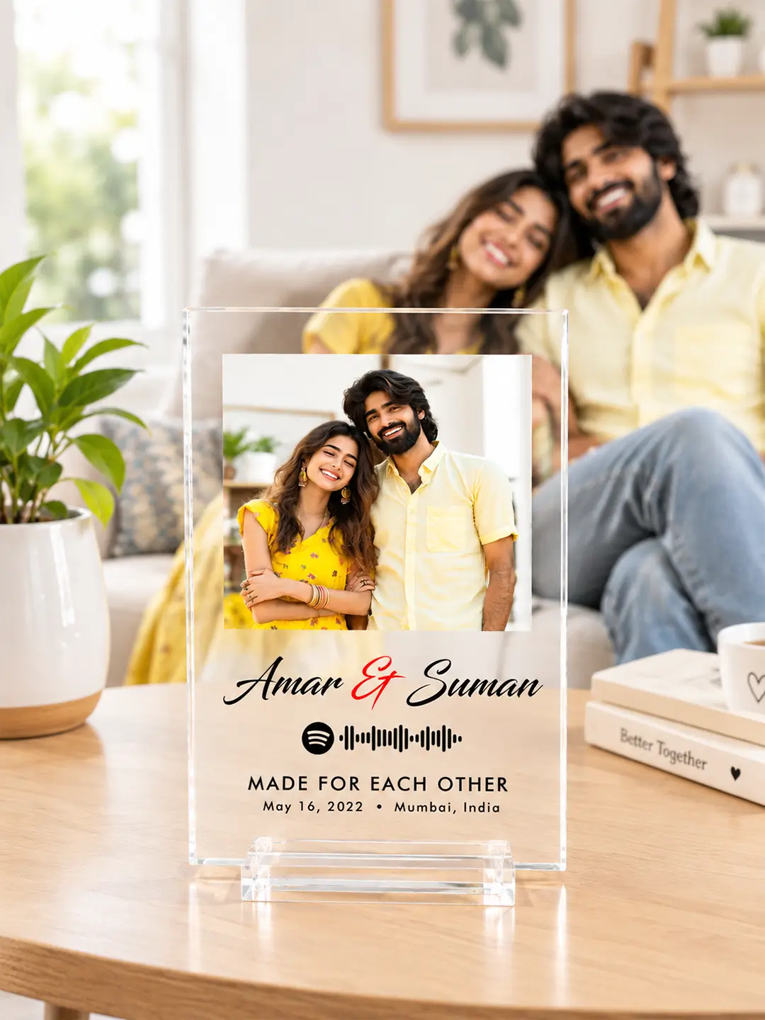 Straight Edge Personalized Acrylic Photo Desk Stand with Spotify Song, Names, Message, Date & Location