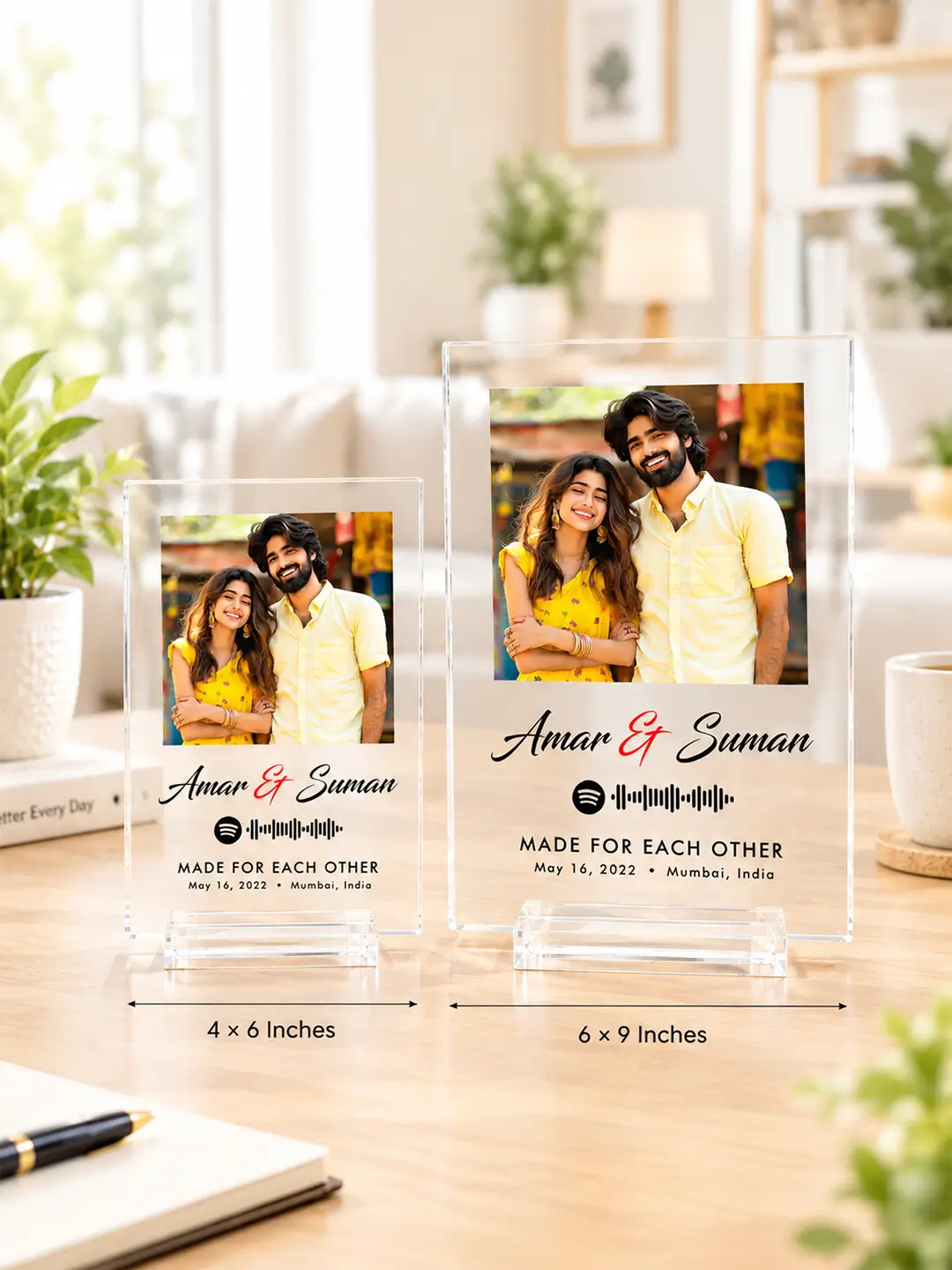 Straight Edge Personalized Acrylic Photo Desk Stand with Spotify Song, Names, Message, Date & Location