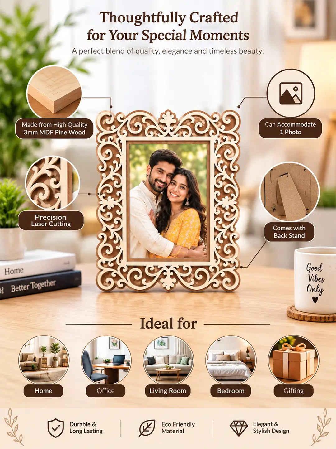 Taj Mahal Desk Photo Frame – Ornamental Wooden 1 Photo Frame with Stand