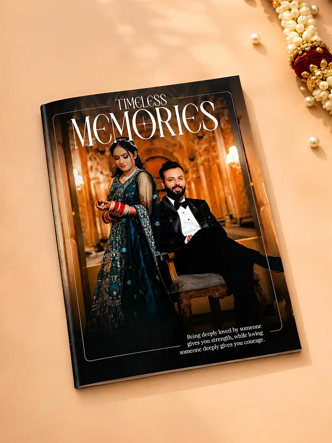 Timeless Memories Magazine with personalized couple photo cover and custom 12-page A4 memory magazine design