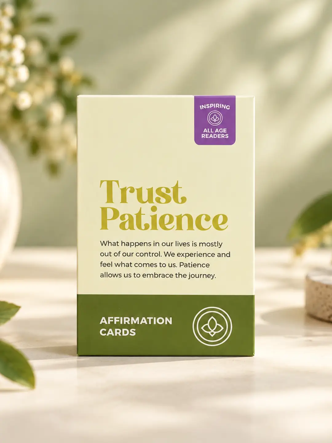 Trust Patience Affirmation Cards with 40 inspirational affirmation cards in book-style box