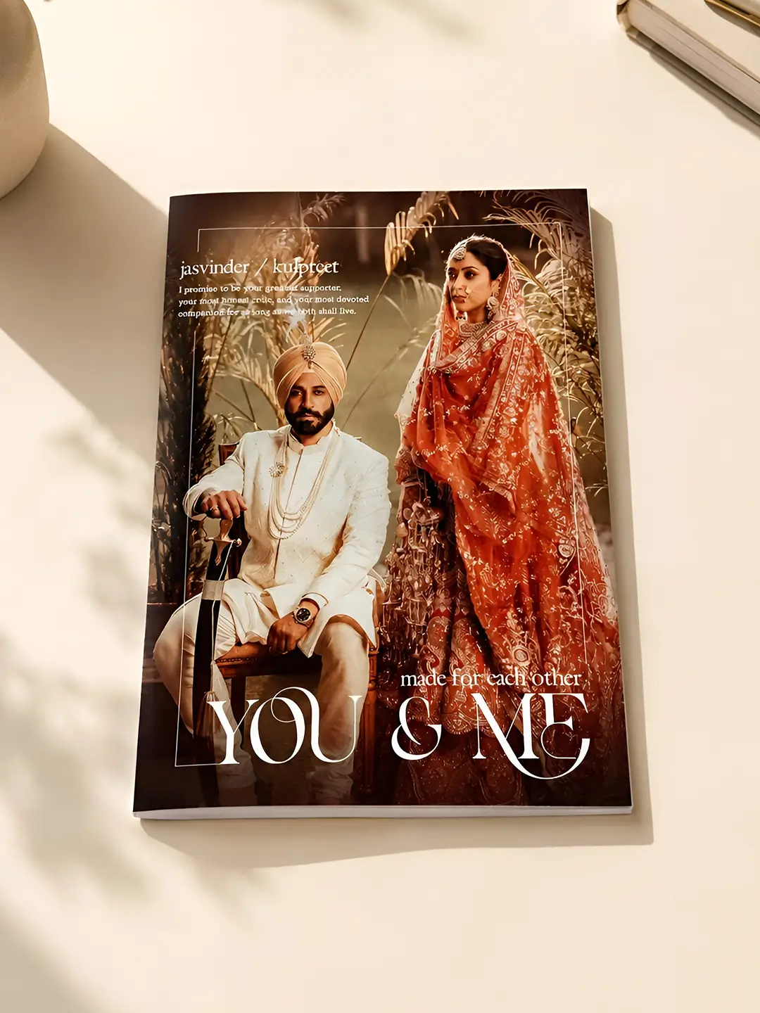 Unforgettable Moments Magazine with personalized Indian wedding couple photo cover and custom 12-page A4 design