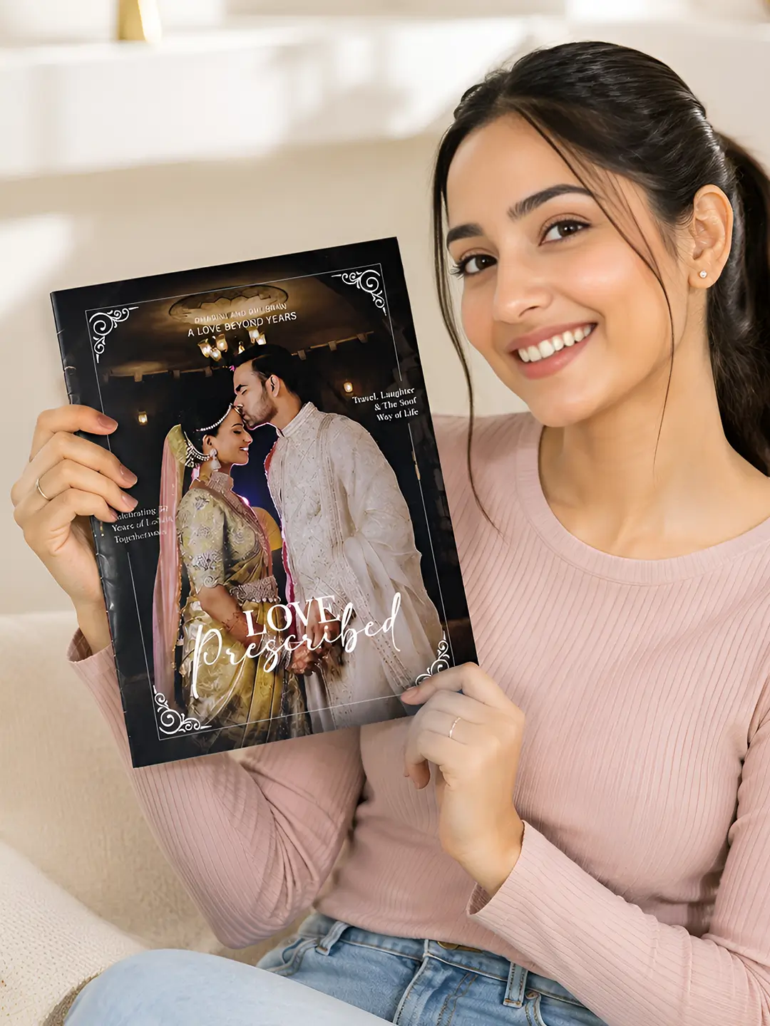 Personalized Wedding Magazine with custom Indian wedding photos and love story displayed across A4 magazine pages